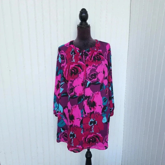 Charles Henry Purple Pink Floral Roses Tunic Lined Long Sleeve Dress Sz L - Picture 1 of 13